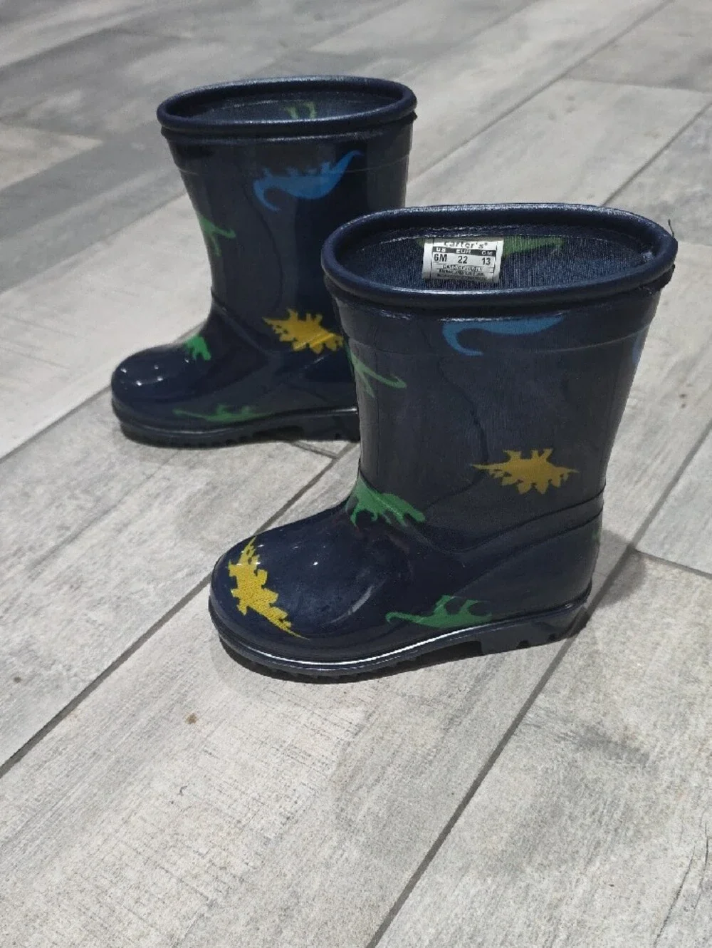 Toddler Navy Rain Boots with Green & Yellow Dinosaurs Size 6 Toddler- Carters